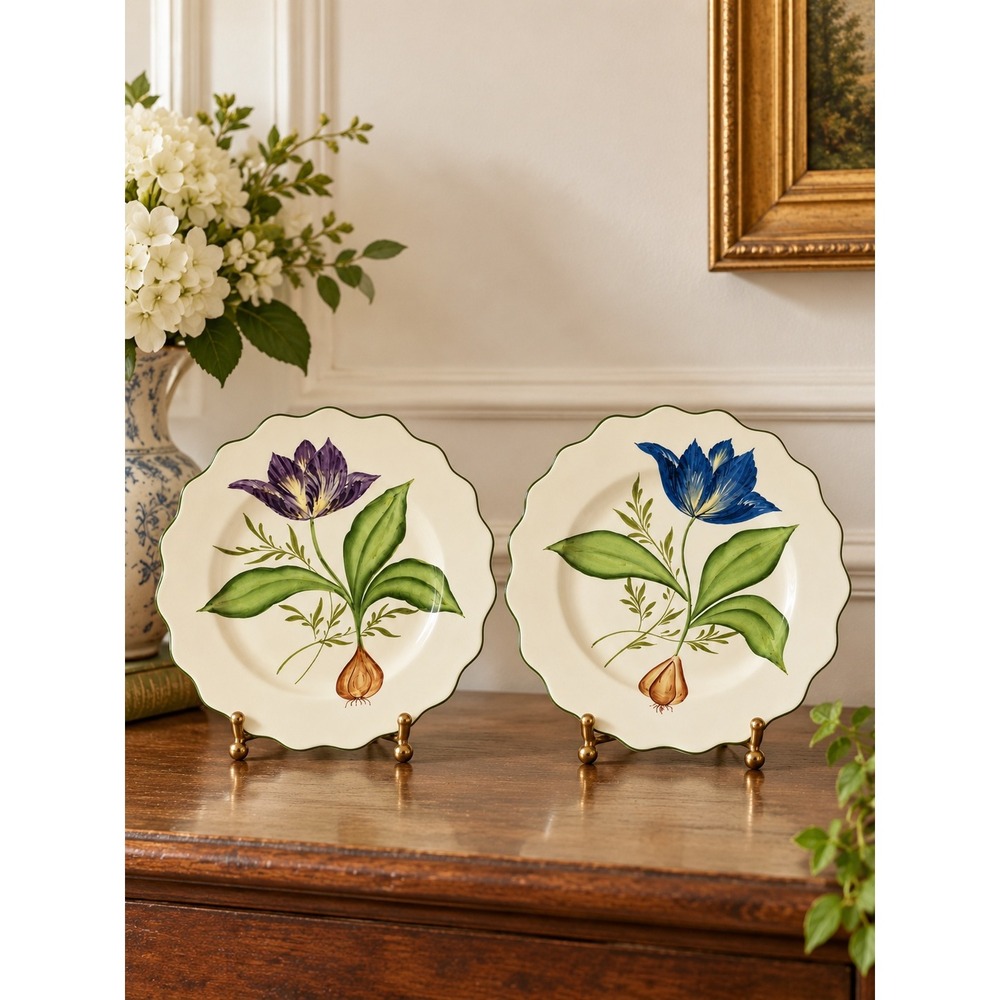 Made in Italy Vietri China Plates 10 In Floral Botanical Scalloped Set 2 FLAW